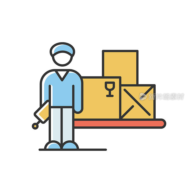 Storekeeper RGB color icon. Warehouse worker, person responsible for storing goods. Merchandise storage and storehouse manager. Man with packages. Isolated vector illustration